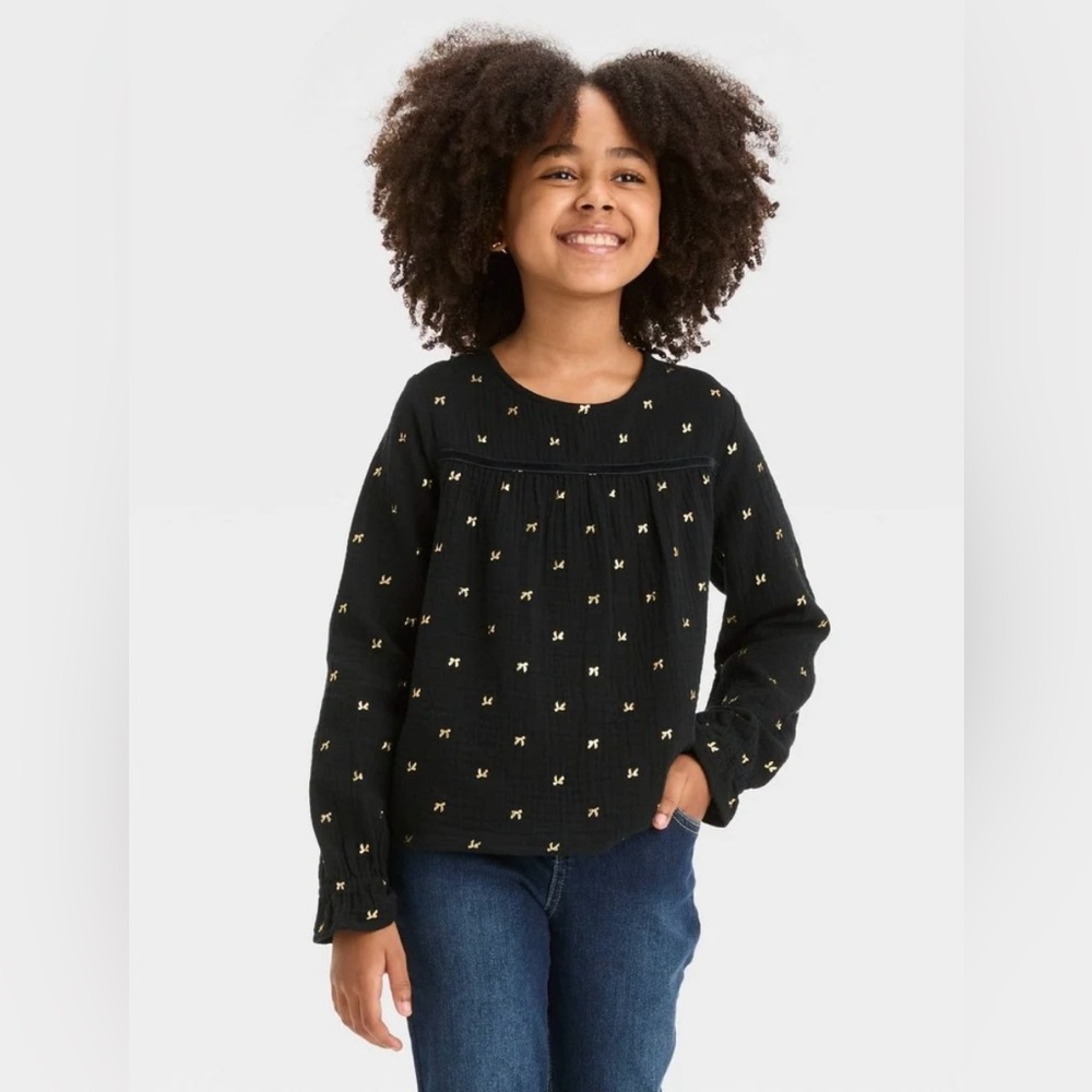 Girls' Gold Foil Bow Long Sleeve Woven Shirt - Cat & Jack, Size Medium (8) NEW !